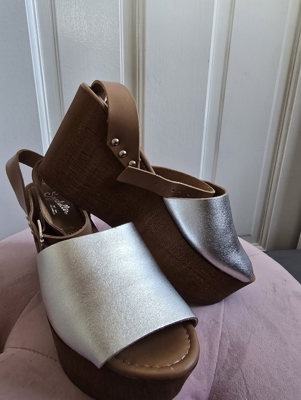 Seychelles Metallic Silver & Brown Platform Wedge Sandals